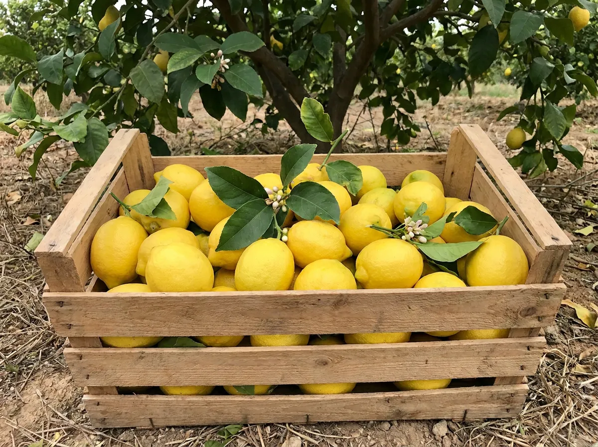 Rows of lemon trees heavy with ripe fruit in a subtropical grove